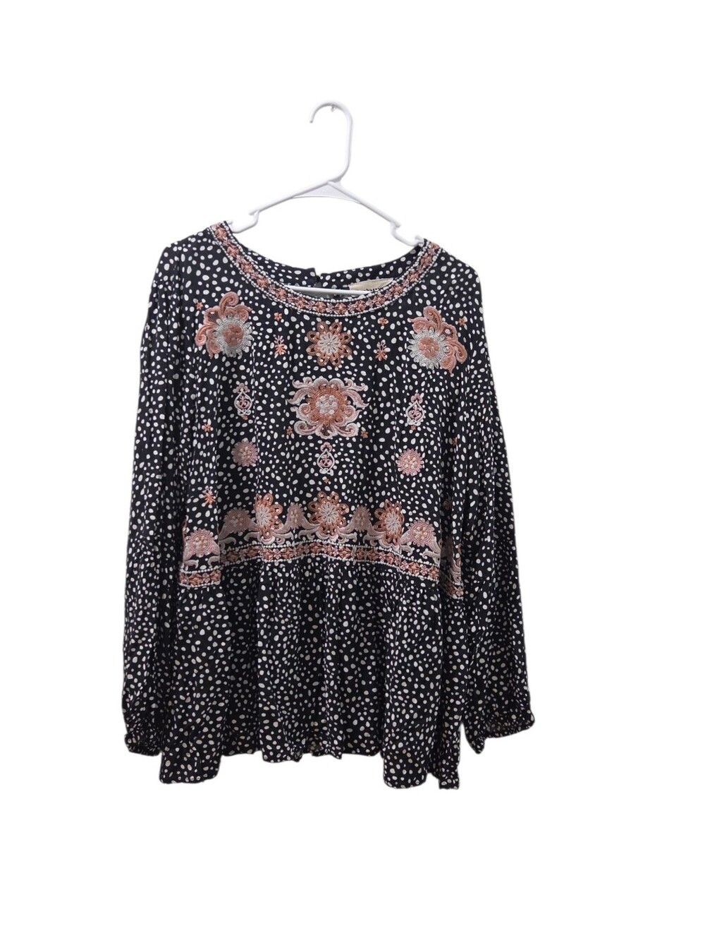 Savanna Jane 2X Embroidered Boho Peasant Blouse Floral Polka Dot Top Peplum